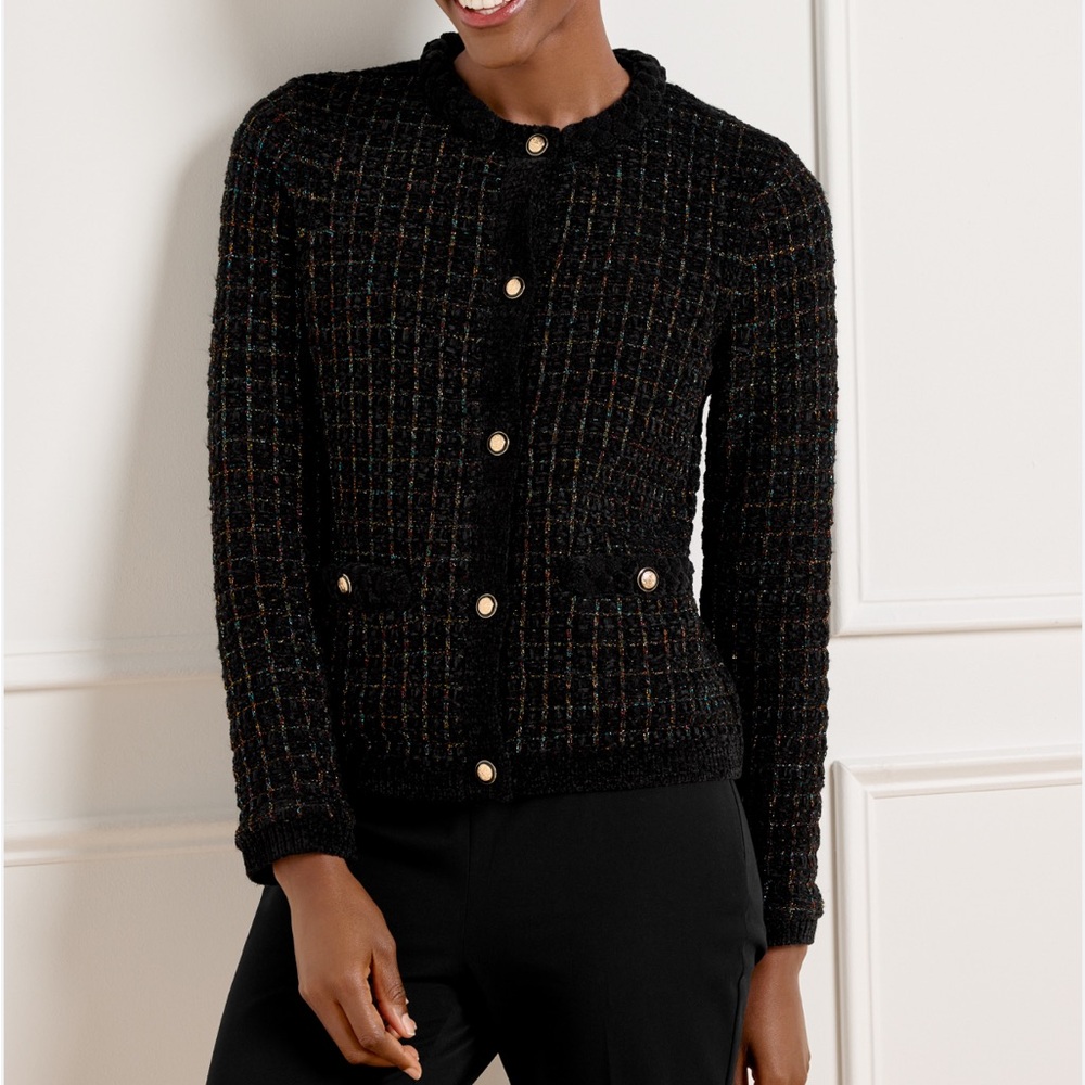 Talbots Chenille Crewneck Cardigan in Metallic Plaid